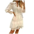 thumbnail image 1 of Elainilye Fashion Womens Dress Plus Size V-Neck Summer Solid Long Sleeve Lace Patchwork Mini Dress with Belt,White, 1 of 7
