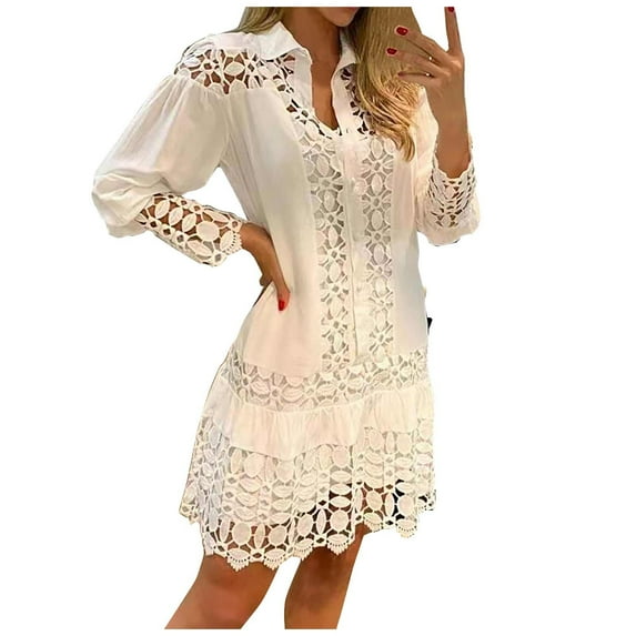 Elainilye Fashion Womens Dress Plus Size V-Neck Summer Solid Long Sleeve Lace Patchwork Mini Dress with Belt,White