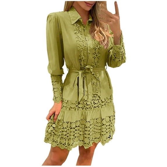 Elainilye Fashion Womens Dress Plus Size V-Neck Summer Solid Long Sleeve Lace Patchwork Mini Dress with Belt,Yellow