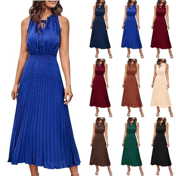 Elainilye Fashion Womens Dress Round-Neck Casual Sleeveless Solid Waisted Ruched Slimming Dresses with Belt,Green