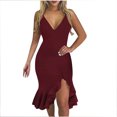 thumbnail image 1 of Elainilye Fashion Womens Dress Sexy V-Neck Sleeveless Ruffle Low-cut Slit Sling Dresses Party Club Dress,Red, 1 of 5