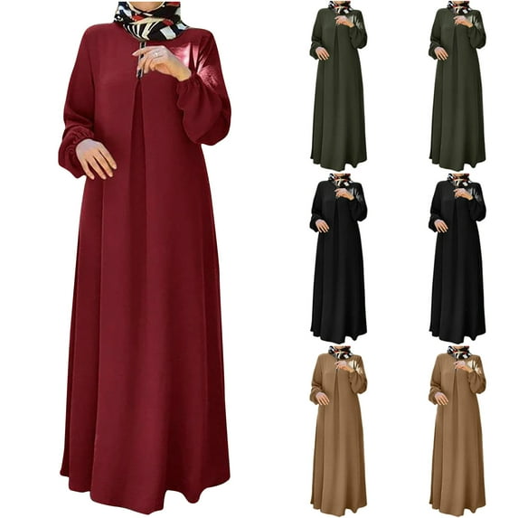 Elainilye Fashion Womens Dress Solid Plus Size Long Sleeve Dress with Pockets Ladies Headband Dress Long Dress,Red