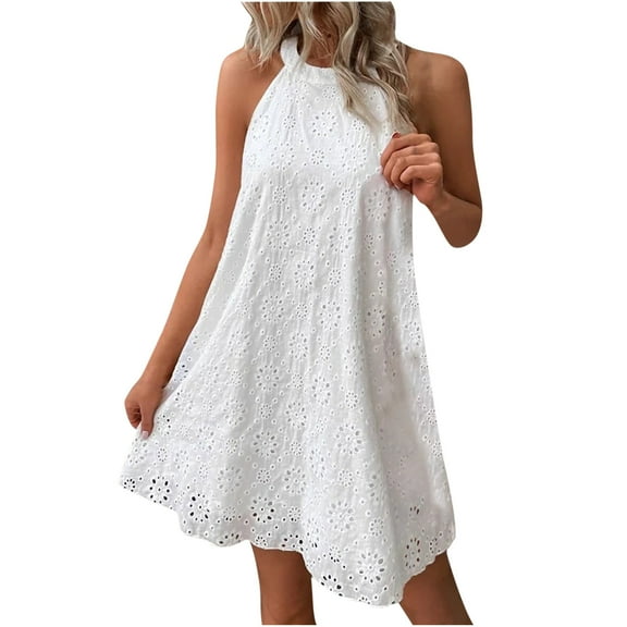 Elainilye Fashion Womens Dress Summer Embroidery Sleeveless Keyhole Back Halter Neck A-line Dress Casua Solid Dress,White