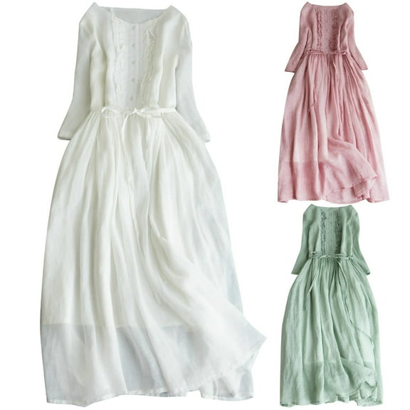 Elainilye Fashion Womens Dress Summer Solid Button Lace Long Sleeve Round Neck Ankle Dress,White