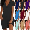 thumbnail image 1 of Elainilye Fashion Womens Dress Summer Solid Causal Zipper Neck Short Sleeve Vacation Cold Shoulder Dress,Blue, 1 of 7