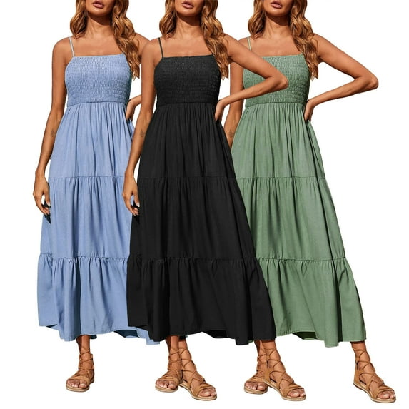 Elainilye Fashion Womens Dresses Bohemian Spaghetti Strap Smocked Tiered Long Beach Sun Dresses Sleeveless Solid Maxi Dress,Green
