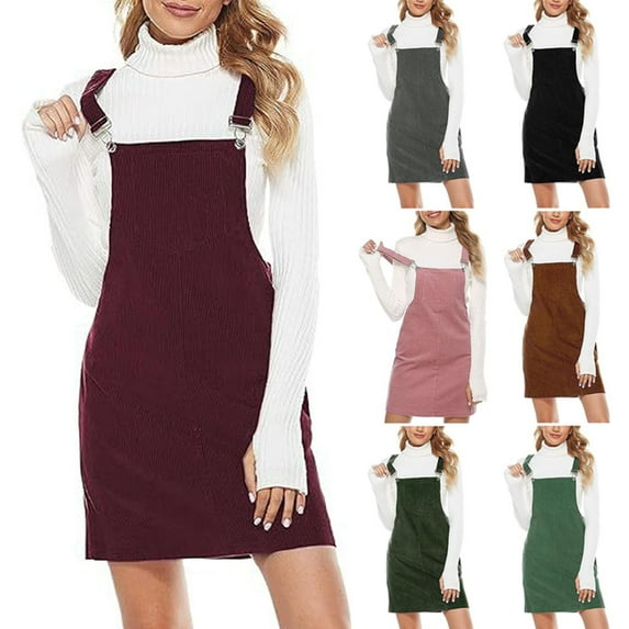 Elainilye Fashion Womens Dresses Casual Comfortable Zipper Adjustable Buckle Suspender Skirt Corduroy Dress with Pocket,Green