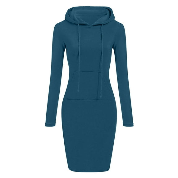 Elainilye Fashion Womens Dresses Long Sleeve Solid Color Dress Pockets Patchwork Casual Long Hoodie Dress,Blue