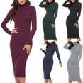 thumbnail image 1 of Elainilye Fashion Womens Dresses Plus Size Long-sleeve Solid Color Priming High-Necked Dress Slim Formal Dress,Red, 1 of 6