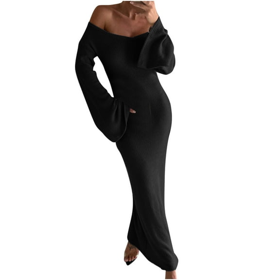Elainilye Fashion Womens Dresses Sexy Slim Long Sleeve Knitted Long Dress Utumn and Spring Stripe Bottom Fishtail Dress,Black