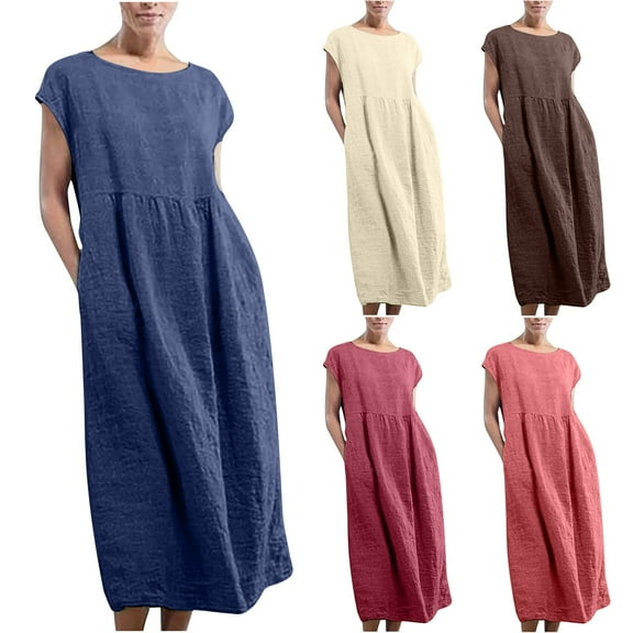 Elainilye Fashion Womens Dresses Solid Sleeveless Round-neck Retro Long Dress Plus Size Summer Dresses for Women,Blue