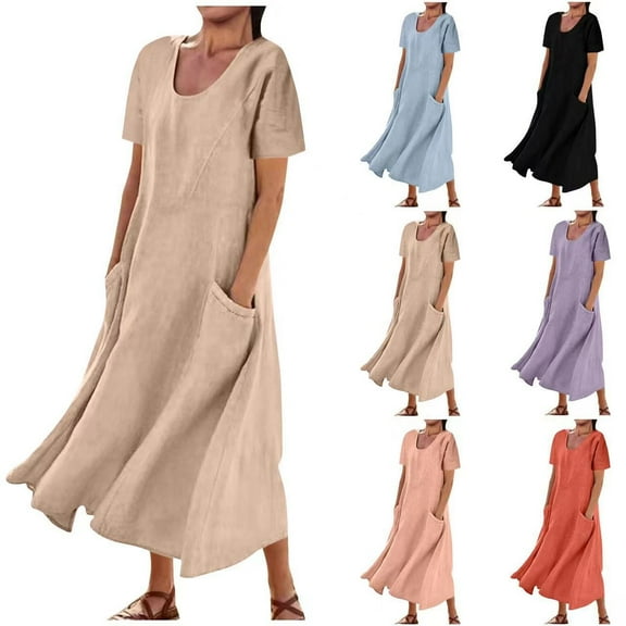 Elainilye Fashion Womens Dresses Summer Short Sleeve Solid Color Soft Comfortable Long Dress Cotton Linen Dress,Pink