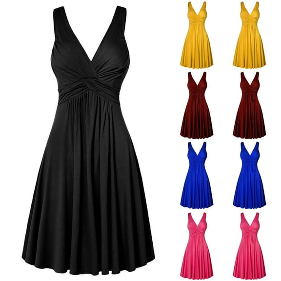 Elainilye Fashion Womens Dresses V-neck Retro Sling Pleated Slim Flare Skirt Dresses Prom Party Dress,Pink