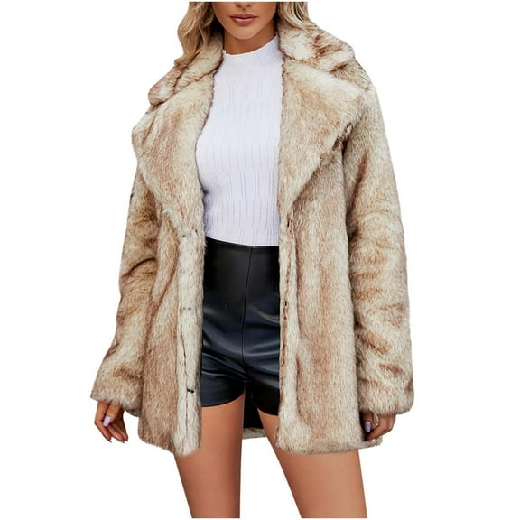 Elainilye Fashion Womens Faux Fur Coat Ladies Warm Faux Furry Long Coat Jacket Winter Solid V-neck Outerwear,Brown
