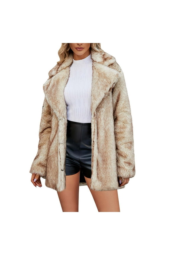 Fashion Womens Faux Fur Coat Ladies Warm Faux Furry Long Coat Jacket Winter Solid V-neck Outerwear,Brown