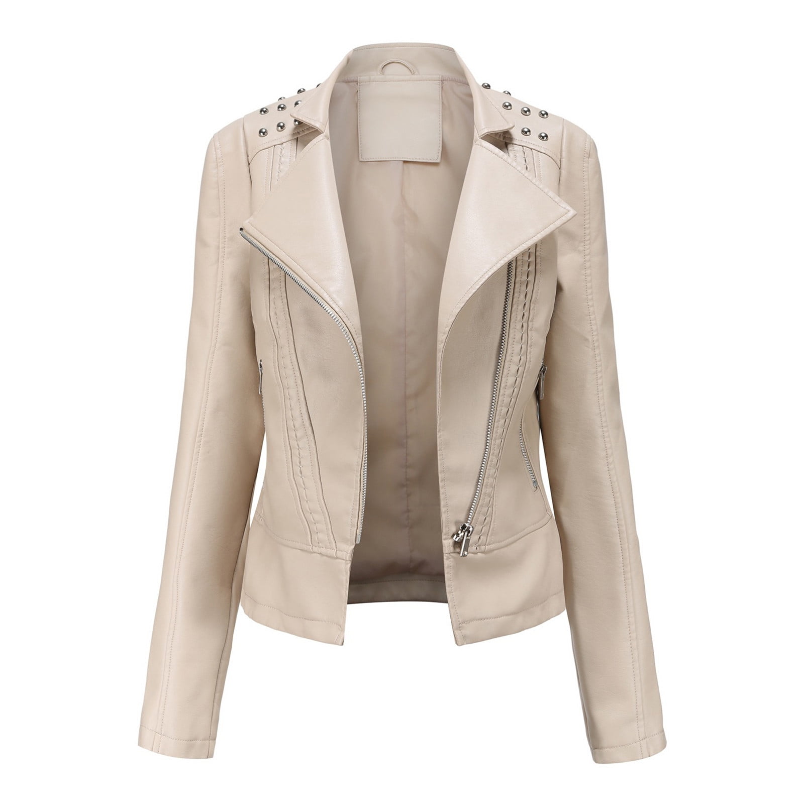 Elainilye Fashion Womens Faux Leather Jacket Casual Comfortable Soild Long Sleeve Tops Jacket Outerwear,Beige