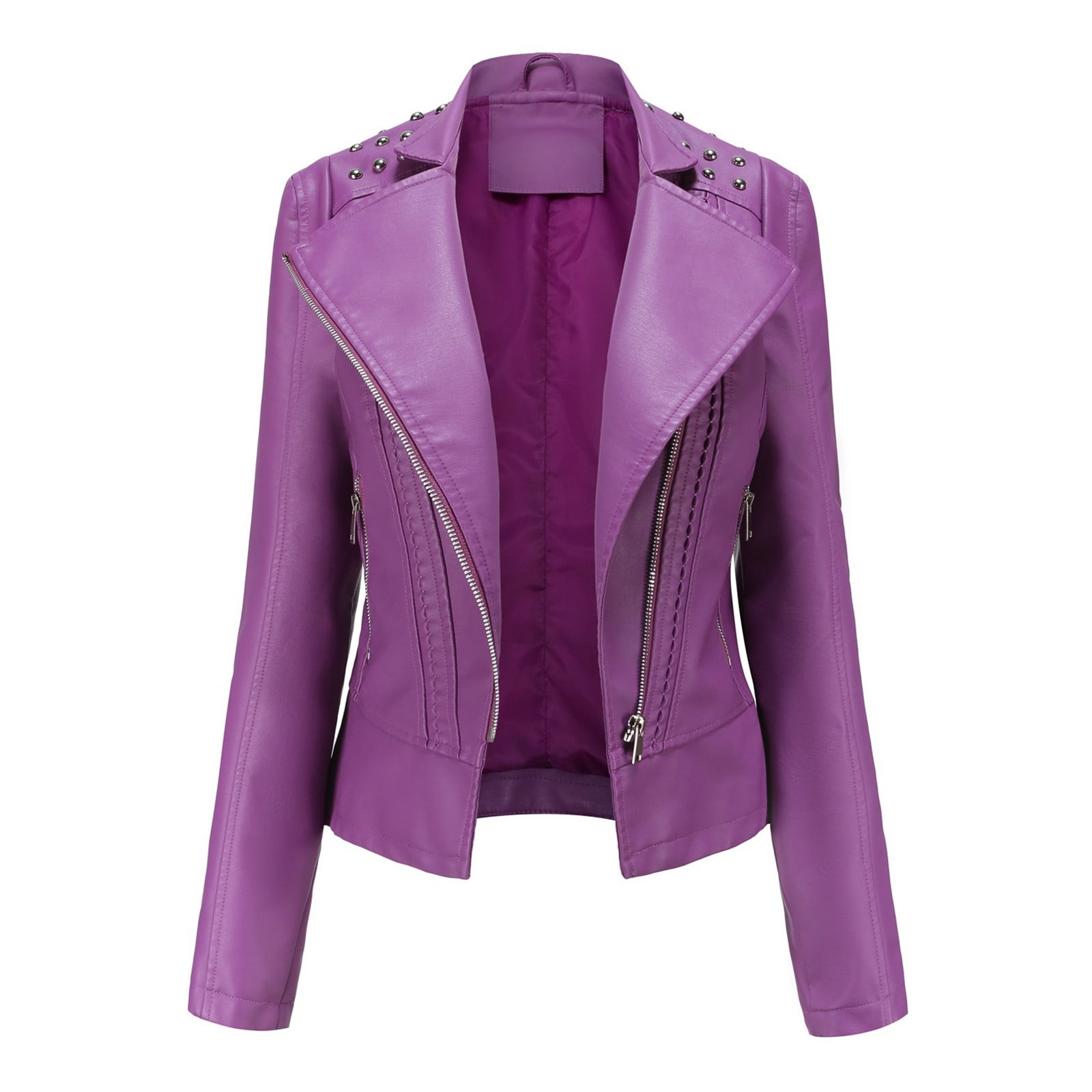 Elainilye Fashion Womens Faux Leather Jacket Casual Comfortable Soild Long Sleeve Tops Jacket Outerwear,Purple