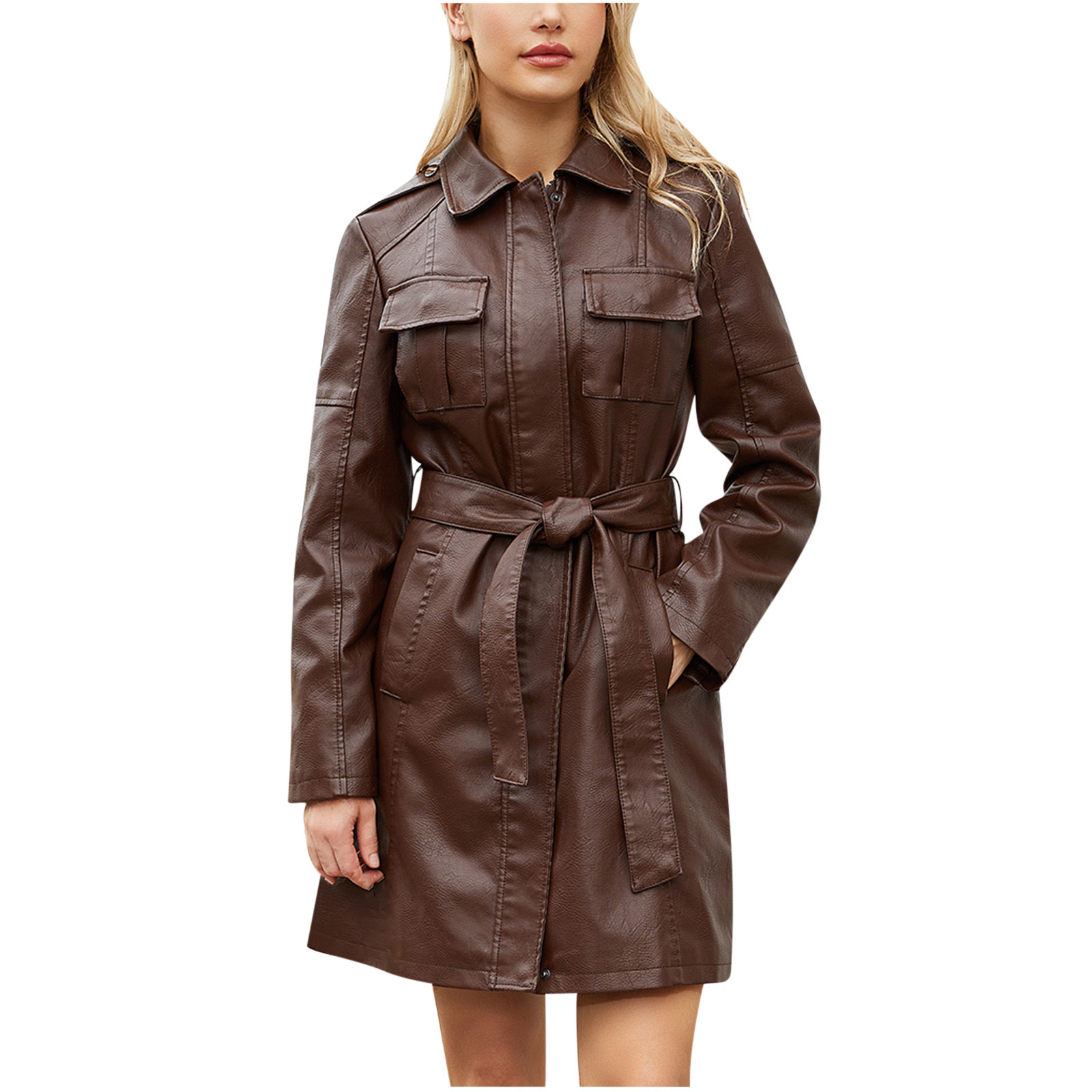 Elainilye Fashion Womens Faux Leather Jacket Mid Length Leather Jacket