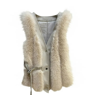 Elainilye Fashion Womens Faux-fur Vest Fall Winter Sleeveless Coat Zip Up Warm Jackets Outerwear With Pockets,Beige