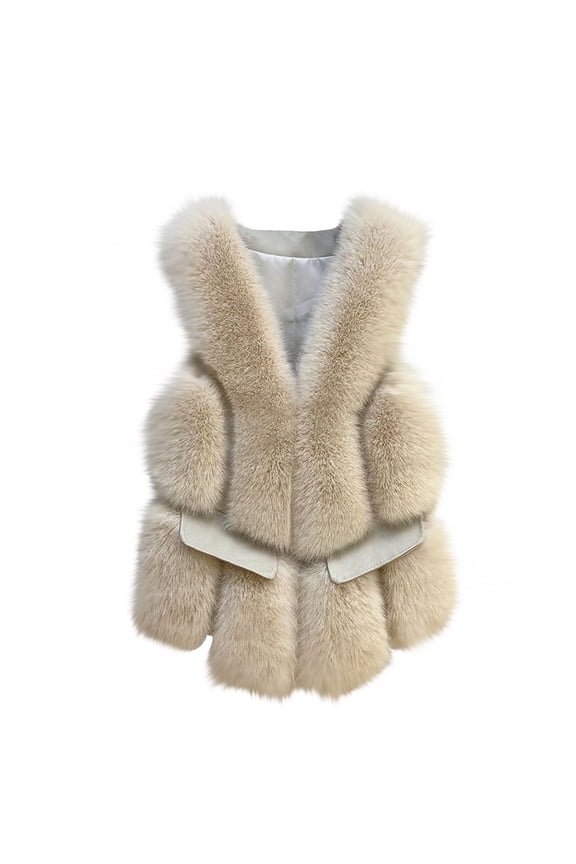 Fashion Womens Faux-fur Vest Fall Winter Sleeveless Coat Zip Up Warm Jackets Outerwear With Pockets,Beige