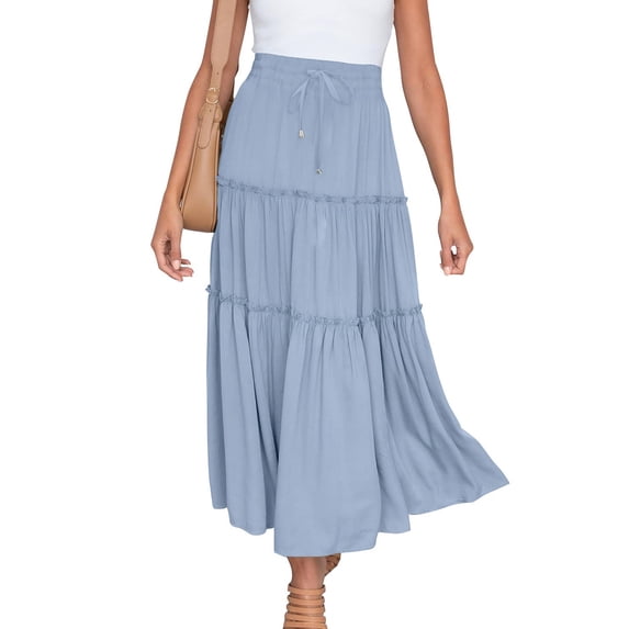 Elainilye Fashion Womens Flowy Skirt Summer Beach Skirt Solid Casual Ruched Ruffles Elastic Waist Skirts,Blue