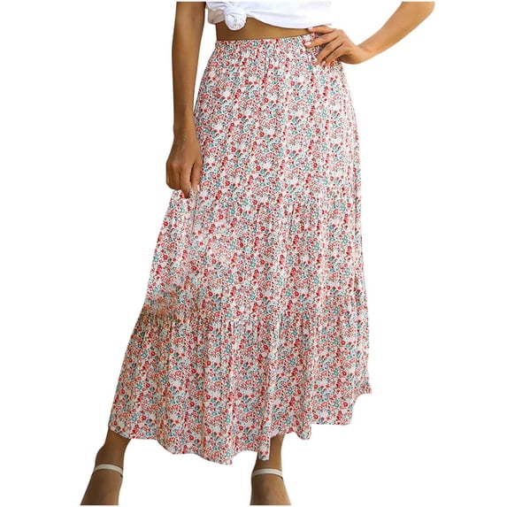 Elainilye Fashion Womens Flowy Skirt Summer Beach Skirt Solid Casual Ruched Ruffles Elastic Waist Skirts,Pink