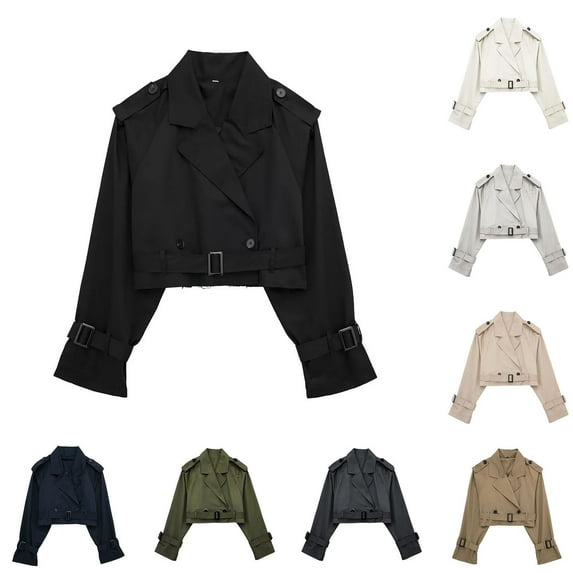 Elainilye Fashion Womens Jacket Short Button Lapel Cut Trench Coat Belt Jacket Coat for Women,Beige