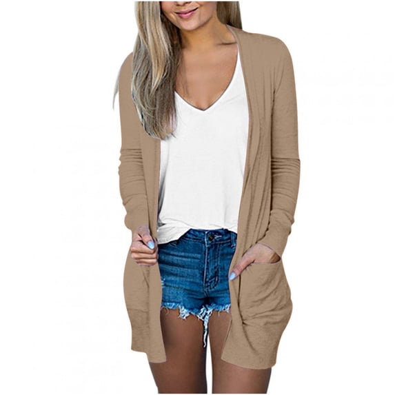 Elainilye Fashion Womens Jacket Solid Color Long Sleeve Casual Tops Blouse With Pocket Cardigan Jacket,Brown