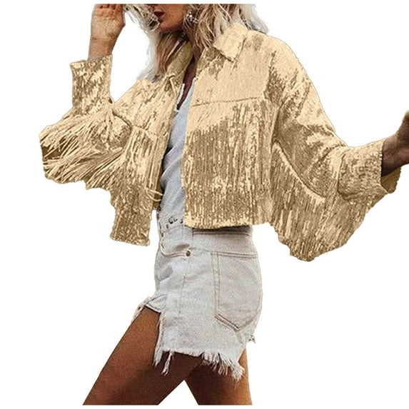 Elainilye Fashion Womens Jackets Casual Vacation Style Solid Color Fringe Sequin Jacket Long Sleeve Tops Coat Jackets,Gold