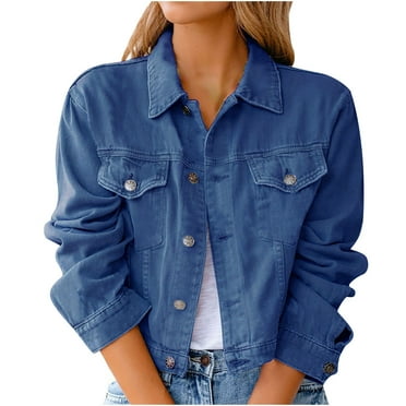 Elainilye Fashion Womens Jackets Denim Jacket Casual Pockets Long Sleeve Tops Cropped Jacket Outerwear Coat,Blue