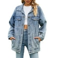 thumbnail image 1 of Elainilye Fashion Womens Jackets Solid Color Lapel Long Sleeve Denim Jacket Slim Hoodless Jacket Coat,Blue, 1 of 9