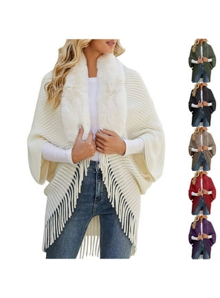 Women Faux Fur Collar Knit Wrap Cape Open Front Tassel Hem Winter Shawl  Warm Wrap Cape (F) at  Women's Clothing store