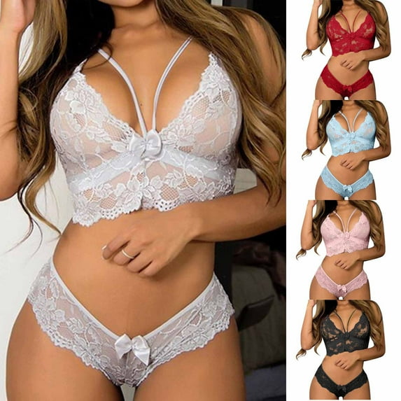 Elainilye Fashion Womens Lingerie Set Plus Size Lingerie Corset Lace Floral Bralette Bra with Thong Two Piece Underwear,Pink