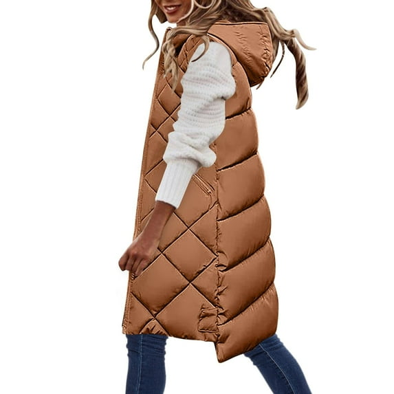 Elainilye Fashion Womens Long Puffer Vest Warm Pocket Hooded Coat Long Jacket Winter Sleeveless Down Parkas,Brown