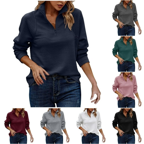 Elainilye Fashion Womens Long Sleeve Shirts Fall and Winter Casual Comfort Loose Solid Zipper Tops Sweatshirt,Green