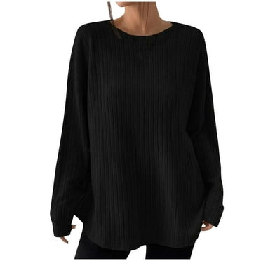 Elainilye Fashion Womens Long Sleeve T Shirts Spring Solid Color Slim Fit Tops Comfortable Breathable Ribbed Knit Shirts,Black