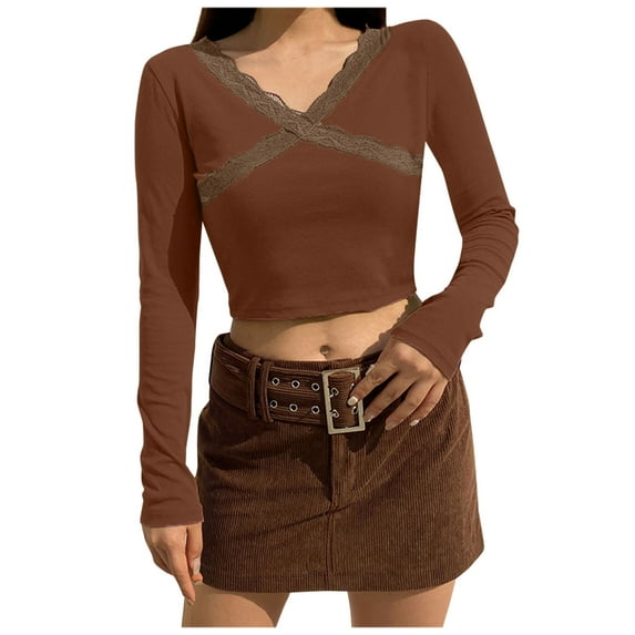 Elainilye Fashion Womens Long Sleeve Tops V-neck Slim Cross Lace Solid Color Bottom Pullover Top Shirt
