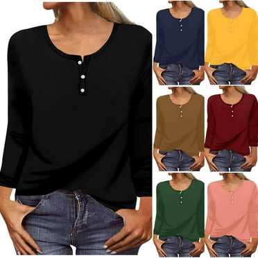 Elainilye Fashion Womens Long Sleeve Workout Tops Loose T-shirt Blouse Round Neck Casual Tops Undershirt,Red