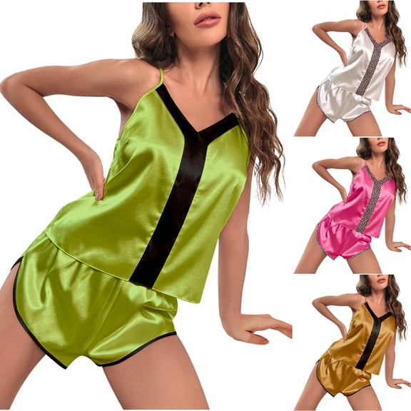 Elainilye Fashion Womens Loungewear Set Camisole Pajamas Thin Home Wear Leopard Lace Two-piece PJ Set Sleepwear,Green