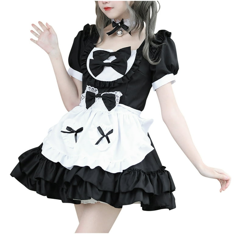 Elainilye Fashion Womens Maid Uniform Suit Plus Size Pure French Maid Dress  Short Sleeve Square Neck Dress,Black 
