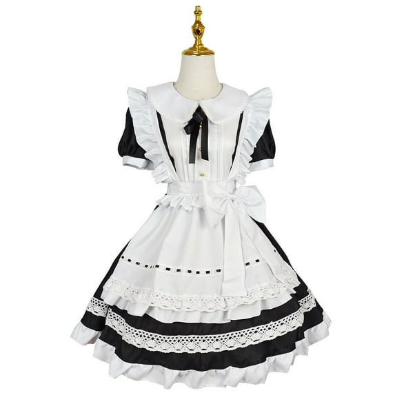Elainilye Fashion Womens Maid Uniform Suit Traditional Maid Lace Bow French Maid Short Sleeved Round Neck Dress,White