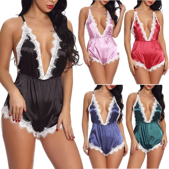 Elainilye Fashion Womens One Piece Lingerie Deep V Mesh Sheer Bodysuit Pajamas Elastic Sling One-piece Pajamas,Pink