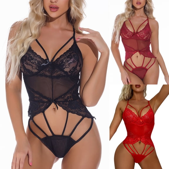 Elainilye Fashion Womens One Piece Lingerie Deep V Mesh Sheer Bodysuit Pajamas Elastic Sling One-piece Pajamas,Red