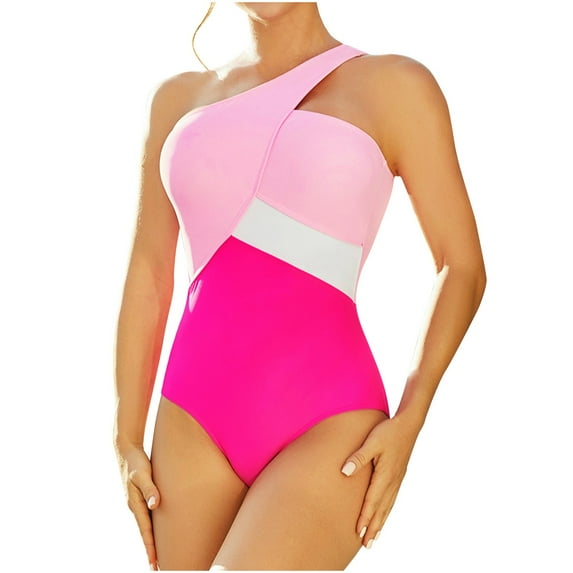 Elainilye Fashion Womens One Piece Swimsuit Color Matching Sexy One-Shoulder Swimsuit Beachwear One Piece Bathing Suit,Pink