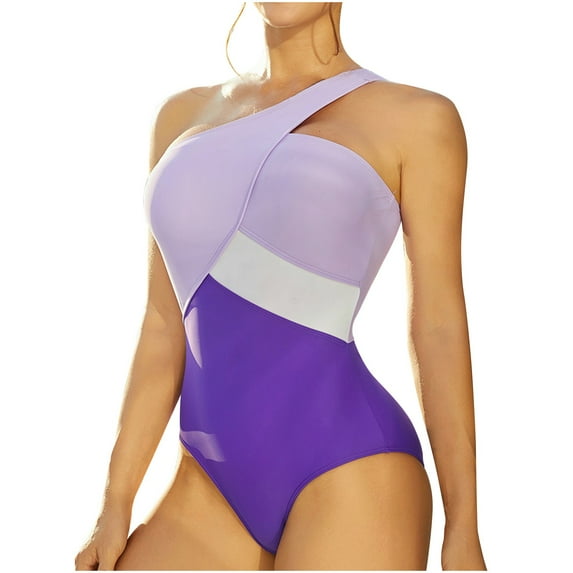 Elainilye Fashion Womens One Piece Swimsuit Color Matching Sexy One-Shoulder Swimsuit Beachwear One Piece Bathing Suit,Purple