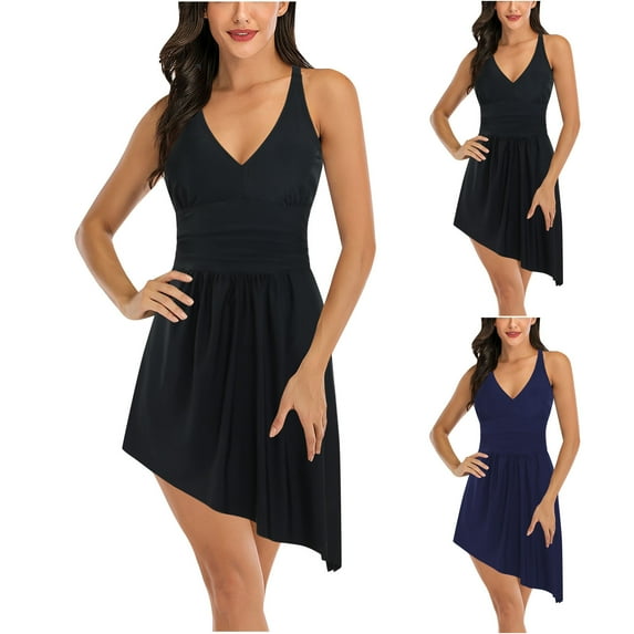 Elainilye Fashion Womens One Piece Swimsuits Sexy with Chest Pad Wirefree Solid Deep V Irregular Hem One-piece Swimsuit,Black