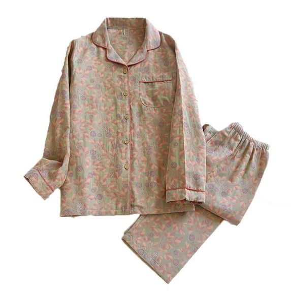 Elainilye Fashion Womens PJ Set Cotton Pajamas Print Casual Turndown Collar Long Sleeve Shirts And Pants Pajama Set Sleepwear,Bronze