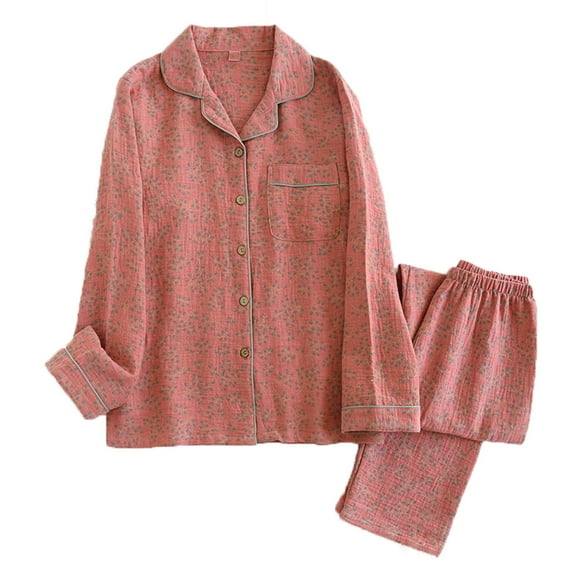 Elainilye Fashion Womens PJ Set Cotton Pajamas Print Casual Turndown Collar Long Sleeve Shirts And Pants Pajama Set Sleepwear,Pink