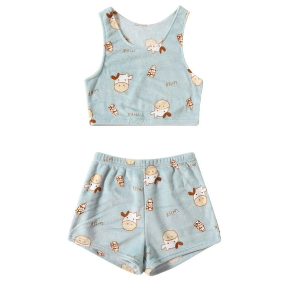 Elainilye Fashion Womens PJ Set Dairy Milk Print Sleeveless Vest Shorts Sets Home Wear 2 Piece Pajamas Set Sleepwear,Blue