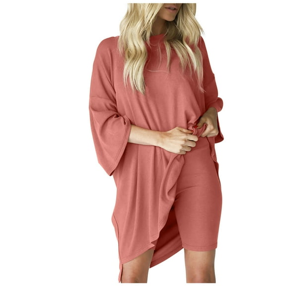 Elainilye Fashion Womens PJ Set Round Neck Long Sleeve Pullover Tops And Pants Yoga Loungewear Set Two Piece Set,Pink